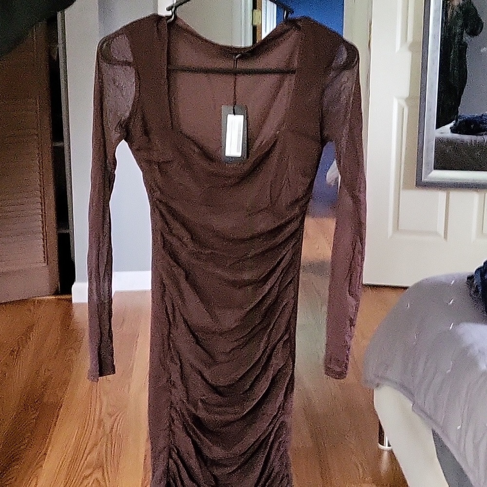 Square neck ruched mesh bodycon dress